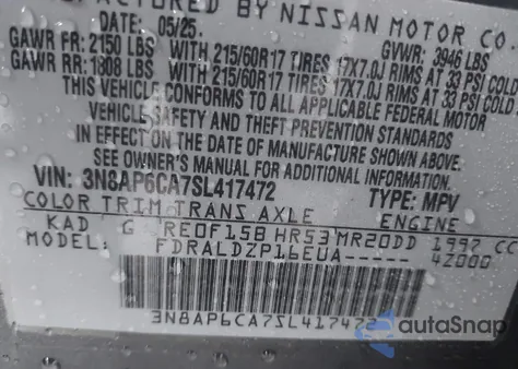 2025 Nissan Kicks Sv Fwd из США, поврежденный, VIN 3N8AP6CA7SL417472